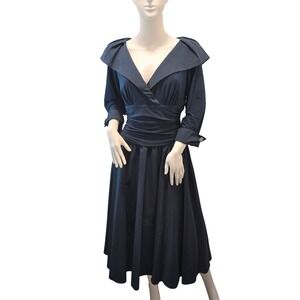 Eliza J Navy Fit Flare Midi Dress Ruched Waist 3/4 Sleeve Wedding Guest Women 14